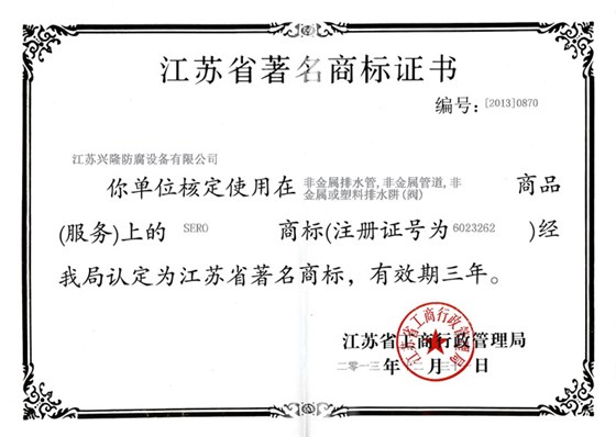 江蘇省著名商標證書
